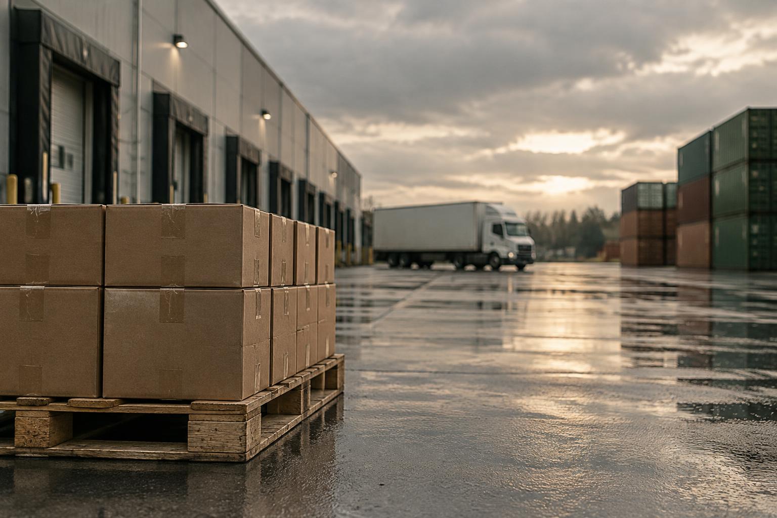 A pallet of kraft cartons outside a fulfillment warehouse with a delivery truck in the background
