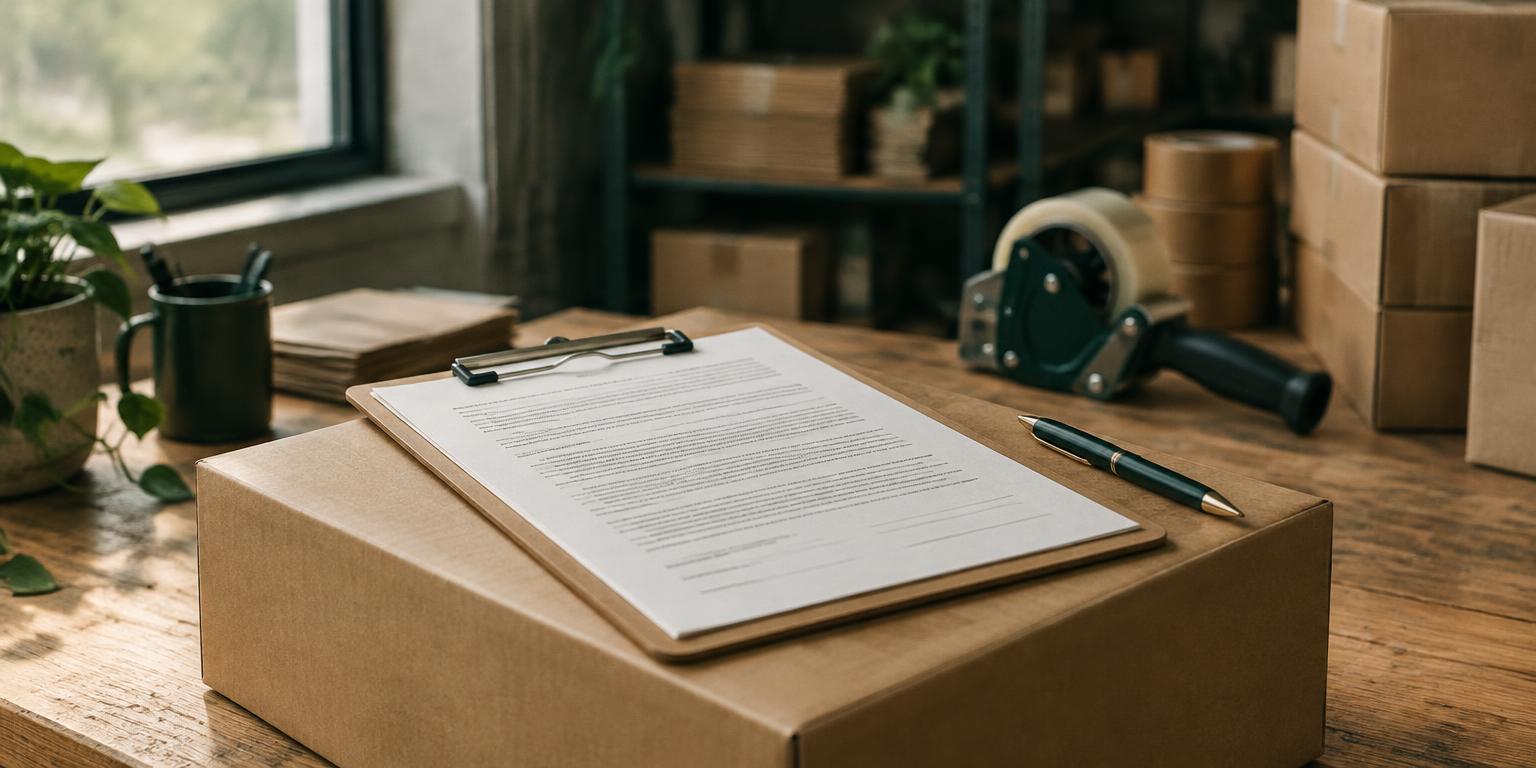 A printed agreement clipped to a clipboard on top of a kraft shipping box