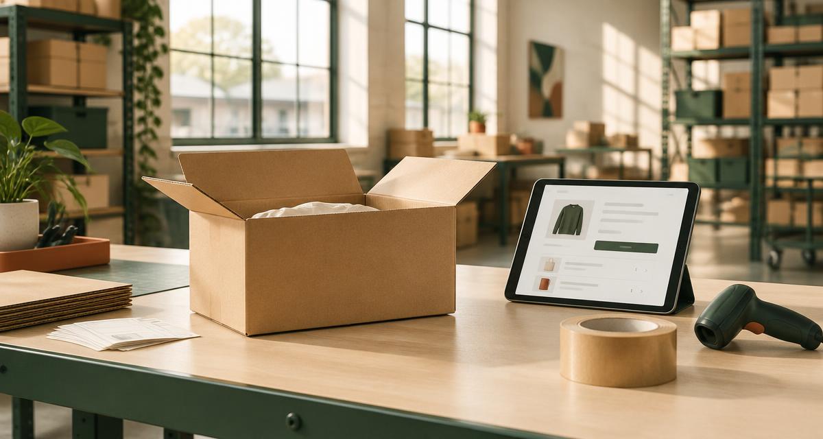 An open kraft shipping box on a packing bench beside a tablet showing an online store order