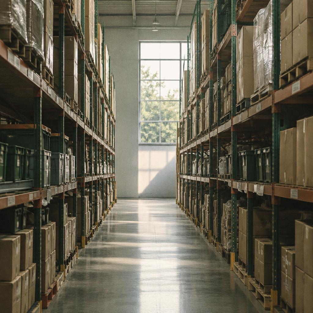 Organized warehouse racking with stocked cartons